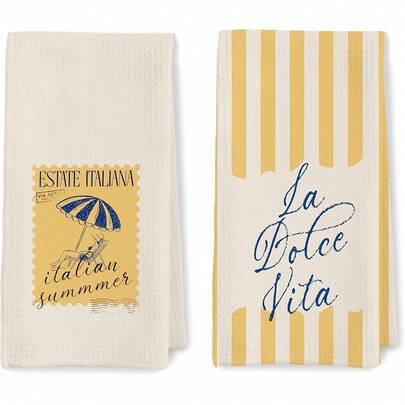 2pcs, Polyester Single Sided Printed Dish Cloths & Towels Italian Summer Beach Kitchen Towels, Yellow And Blue Coastal Dish Tea Towels, La Vita Italian Ocean Decorative Hand Towel For Kitchen For Birthday Anniversaries, Valentine's Day, Thanksgiving, Christmas, Halloween, Wedding, New Year Gifts Provide, Ideal Gifts For Her, Him, Family Members, Boyfriends, Girlfriends, Fathers, Family Members, Mothers, Lovers, Daughters, Sons, Grandfathers, Grandmothers, Friends, Classmates And Pets KitchenTowel, Kitchen Sofa, Bed, Car, Bedroom, Living Room, Office, Outdoor Camping, Beach, Wall Decoration, Bedroom Decor, Fall Decor, Fall Decorations For Home, Christmas Party Theme KitchenTowel, Christmas Decor