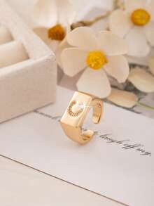 1pc Luxury Initial Open Ring, A-Z Letter Block Design With Cubic Zirconia, Adjustable Fashion Ring For Girl & Teens, Gift For Friends - Gold - View 22