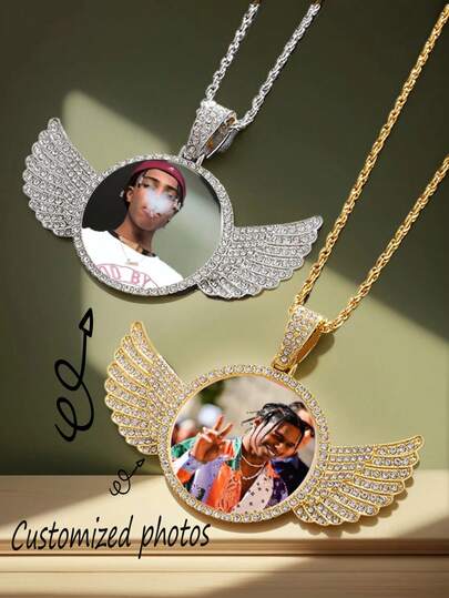 Personalized Crystal Angel Wings Photo Necklace, Customized Photo Necklace, Hip Hop Photo Pendant, Iced Out Customized Round Photo Pendant, Gold, Silver, Fashion, Colorful, Retro, Unisex, Minimalist, Casual, Customized, Personalized, Unique