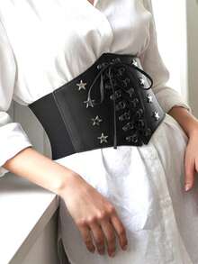 1pc Women's Basic Casual Black Personalized Five-Pointed Star Drawstring Adjustable Waist Cincher, Slim Fit Suitable For Daily Commute, Runway, Street Style, Gatherings, Dates And Other Occasions - Black - View 4