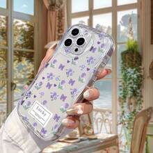 1pc Fashionable Minimalist Purple Floral Transparent Wavy Cream Phone Case, Compatible With IPhone 17, 17 Pro, 17 Pro Max, 17 Air, 16, 15, 14, 13, 12, 11 / S25, 24, 23, 22 Ultra, A52, A53, A54, A55, A56, 07, A17 / OPPO / REDMI Phone Models, Anti-Fingerprint, Shock-Proof, Drop-Proof Phone Case - Clear - View 4