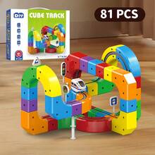 Set de 51 de blocuri de construcție pentru pistă DIY cu tren și semne de circulație, jucării STEM, cub magic pentru pistă, blocuri, mașină de tren, jucărie electrică de cale ferată de mare viteză pentru copii mici și copii, băieți și fete de 3-8 ani, cadou de petrecere de ziua de naștere (culoare aleatorie a blocurilor de construcție)