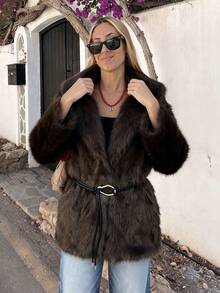 女士冬季仿皮草外套，棕色保暖蓬松夹克，时尚翻领长袖人造皮草外套，女士腰带休闲宽松外套 - 棕色 - 查看 8