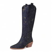 GOTHICTOR Sparkly Cowboy Knee High Boots For Women Pointed Toe Shiny Glitter Chunky Heel Side Zipper Western Cowgirl Dress Boots For Wedding Party - 寶藍色 - 查看 1
