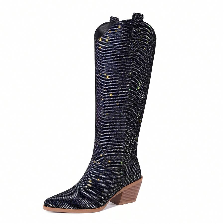GOTHICTOR Sparkly Cowboy Knee High Boots For Women Pointed Toe Shiny Glitter Chunky Heel Side Zipper Western Cowgirl Dress Boots For Wedding Party - 寶藍色 - 查看 1