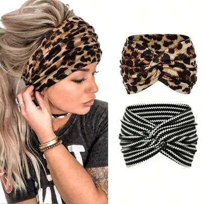 2pcs Women's Non-Slip Twist Headbands - Soft & Comfortable Bohemian Leopard Print Headwraps, Suitable For Yoga, Sports, Running And Daily Use, Twisted Design Hair Accessories Women Sweatband Causal Hair Band Elegant Head Scarf