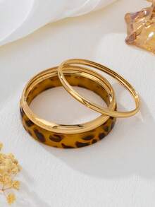 1pc/3pcs Set Fashionable Geometric Leopard Print Metal Bangle Bracelet Set For Women - Yellow Gold - View 2
