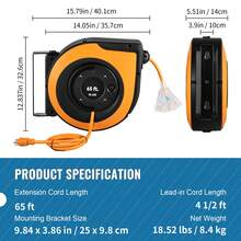 30ft To 65ft Retractable Extension Cord Reel Heavy Duty SJTOW Power Cord With Lighted Triple Tap Outlet Circuit Breaker Up To 15 Amp 180° Swivel Bracket, Suitable For Ceiling Or Wall Mount In Garages And Shops, ETL And UL Listed - 65ft 12AWG/3C - View 8