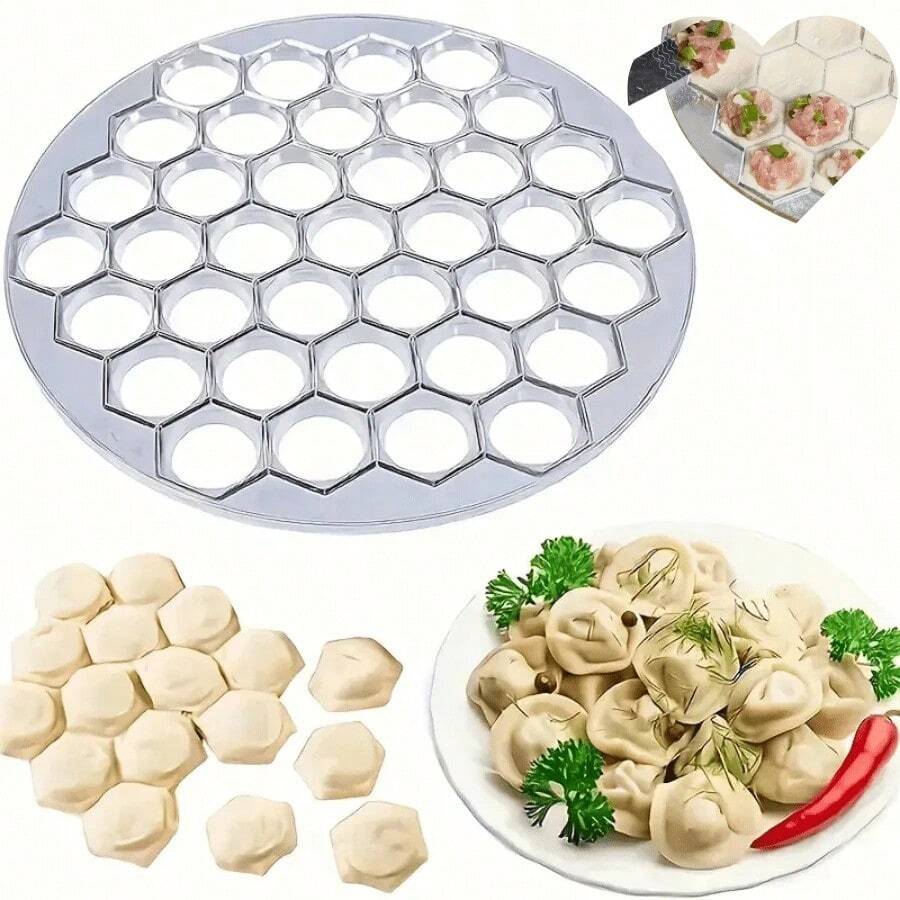 1个铝合金饺子模具 - 37孔手动面团皮革压模，符合人体工学手柄，适用于制作意大利面、馄饨和肉馅饺子，易于使用的厨房小工具，适合家庭烹饪和学校用品，饺子压模机，糕点制作工具，时尚金属表面，专业自制饺子模具，厨房烹饪用品 - 彩色 - 查看 1