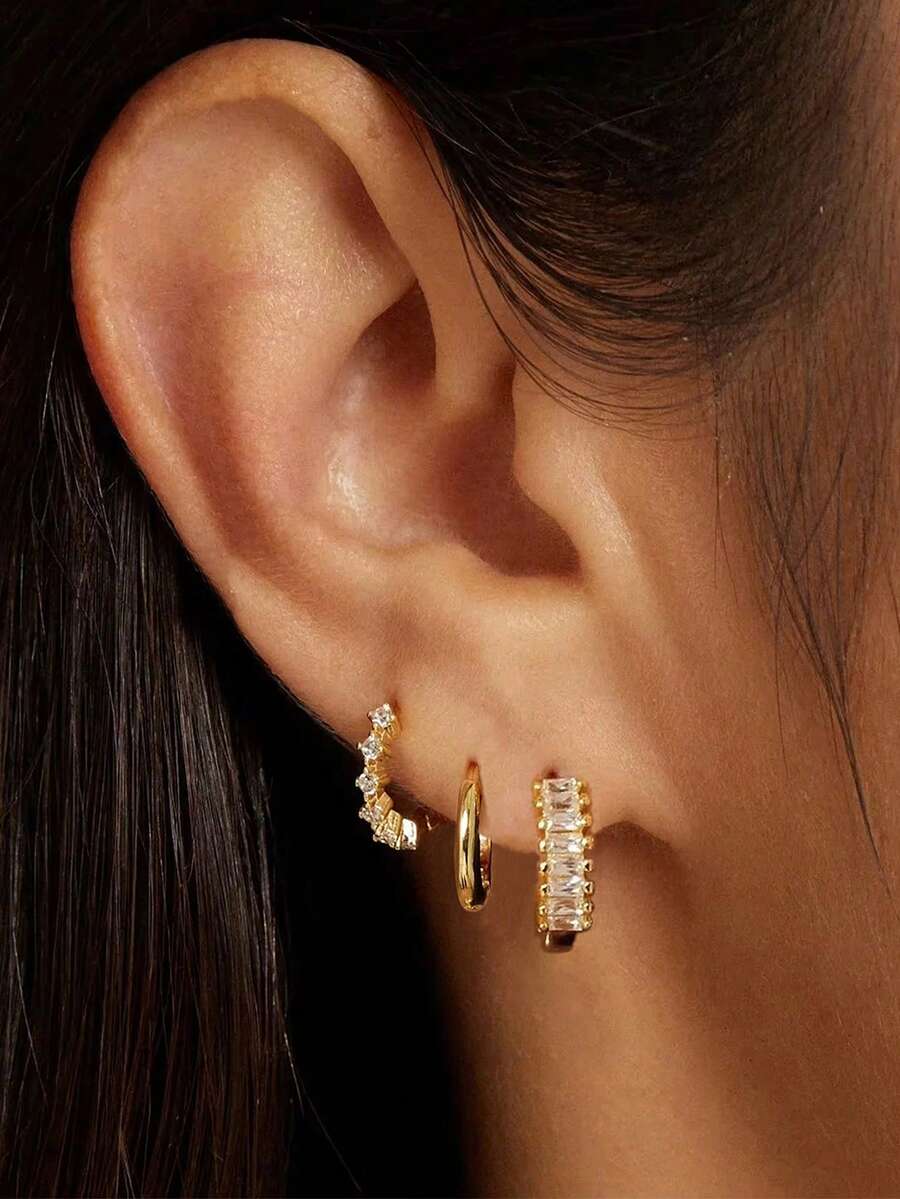 3对镀金耳环套装，精致小巧的立方氧化锆耳环叠戴，14K镀金低过敏性耳骨耳环，女士时尚首饰套装礼品 - 金色 - 查看 1