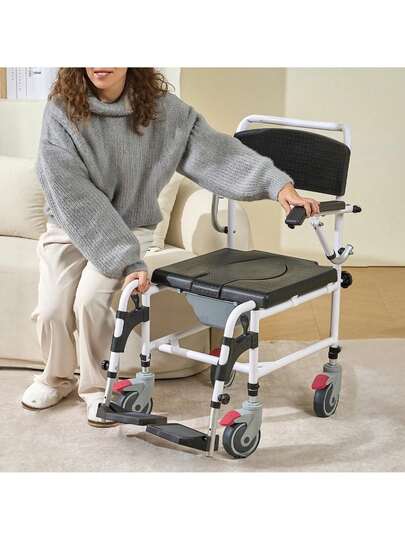 Shower Commode Wheelchair With 4 Lockable Wheels, Footrests, Flip-Up Arms, 3-Level Adjustable Height, 5L Removable Bucket, 350 LBS Capacity, Commode Chair For Adults Seniors