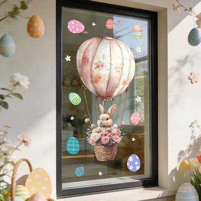 1/3pcs Lovely Rabbit Window Stickers Tulips Easter Eggs Balloon Decals Static Cling Reusable Glass Paste For Bedroom Kitchen Spring Holiday Party Supplies Home Interior Ornament