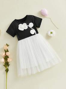 Vestido de verano para niña, estampado floral 3D de tul con patchwork, mangas cortas, cuello redondo, corte A - Negro - Ver 3