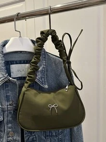 1pc Green Nylon Fabric Smooth Zipper Bow Decor Drawstring Strap Design Fashion Versatile Casual Solid Color Minimalist Unique Shoulder Bag, Suitable For Women's Daily Use - Green - View 10