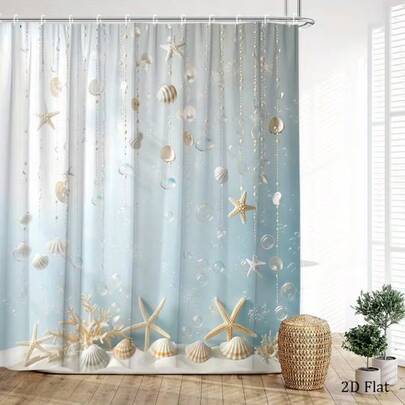 1pc Ocean Decor Shower Curtain - Seashells, Starfish And Sardines On Soft Blue Background, Elegant Glass And Pearl Chain, Ocean Ambiance, With Hooks, Suitable For Bathroom Decor, Beach Theme Decoration, Bathroom Accessories, Room Decor