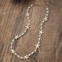 1pc Women's Beach Vacation Necklace - Turquoise Starfish Pendant With Faux Pearl, Asymmetrical Pearl Beaded Necklace, Casual Wear Or Gift, Natural Element Decorated Beach Accessory, Bohemian Style Necklace - Multicolor - View 6