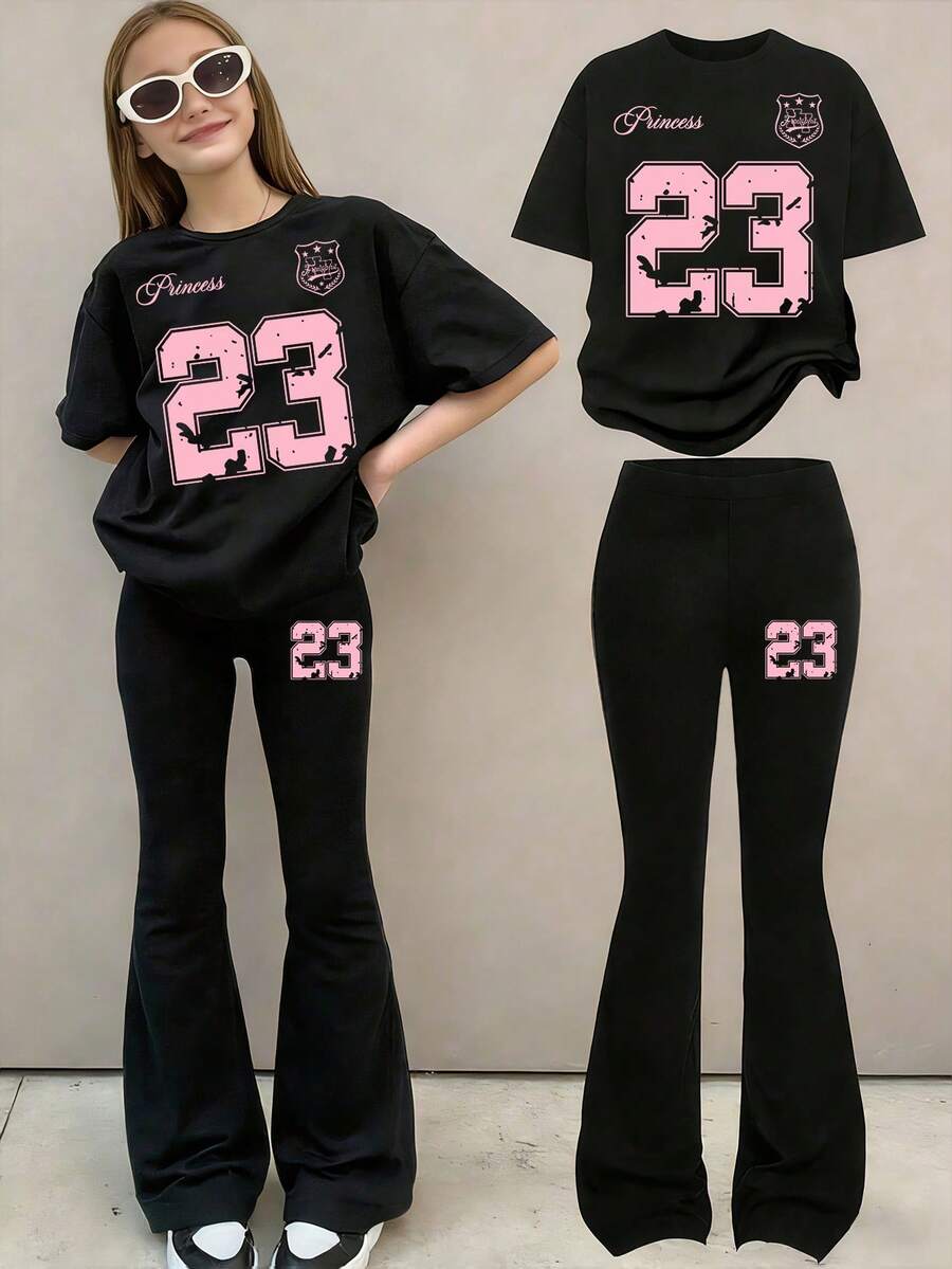少女数字印花短袖T恤和修身喇叭裤 - 黑色 - 查看 1