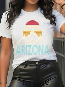 Tricou grafic vintage Arizona pentru femei, casual, cu mânecă scurtă, guler rotund, cu imprimeu retro pe munți și apus de soare, pentru purtare zilnică, streetwear de vacanță - alb - Vizualizare 6