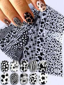 Leopard Print Nail Transfer Stickers, Sexy Retro Nail Stickers With Flower, Heart, And Star Patterns, Holographic Nail Art Paper Transfer Foil Nail Stickers.