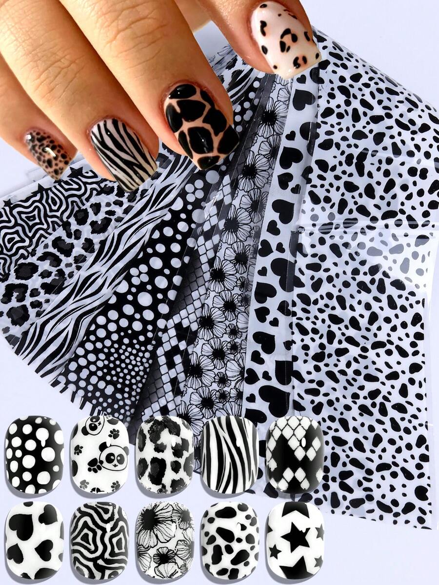Leopard Print Nail Transfer Stickers, Sexy Retro Nail Stickers With Flower, Heart, And Star Patterns, Holographic Nail Art Paper Transfer Foil Nail Stickers.