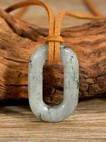 Natural Stone O-Shaped Pendant Necklace, Vintage Geometric Ellipse Design, Suede Cord, Unisex Couple Jewelry - Multicolor - View 11