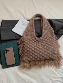 Fashionable Versatile Crochet Knitted Scales Tassel Women Tote Bag Casual Shoulder Bag Handbag - Multicolor - View 6