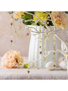 伊斯兰斋月和开斋节家居装饰 - 纸质花环，带图案，穆斯林宗教派对悬挂装饰，新月星花环，斋月礼物和伊斯兰节日装饰 - 金色 - 查看 2