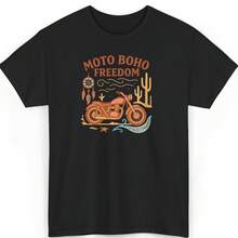 Moto Boho Freedom T-Shirt Paisley Motorcycle Dreamcatcher Design - Soft Cotton Unisex Festival Road Trip Apparel - 黑色 - 查看 1