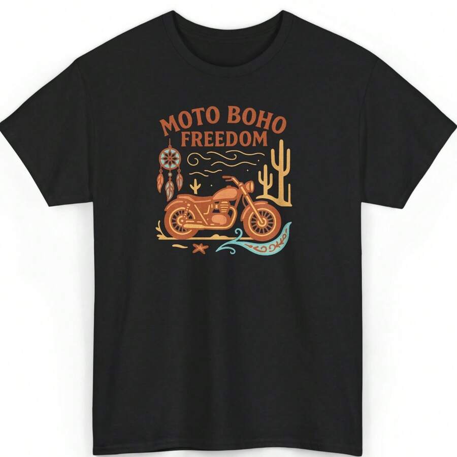 Moto Boho Freedom T-Shirt Paisley Motorcycle Dreamcatcher Design - Soft Cotton Unisex Festival Road Trip Apparel - 黑色 - 查看 1