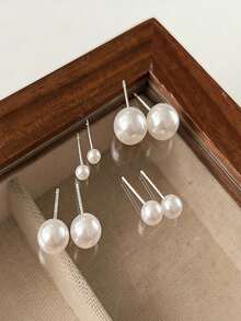 1对优雅圆形珍珠耳钉，简约百搭珍珠耳环 - 米色 - 查看 11