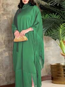 Elegant Fringe Kimono, Loose Abaya Robe - Green - View 1