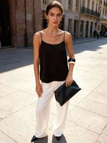 VIBEWAVE 女士宽松缎面吊带背心，2026 新款，优雅细肩带设计 - 黑色 - 查看 3