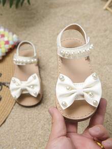Girls' Fashionable Cute Flat Sandals, Elementary School PU Sandals With Bow & Pearl Decor, Outdoor/School Casual Sandals, Recommended For Holidays, Children/Kids Shoes/Kids Sandals/Kids Flat Sandals - Beige - View 3
