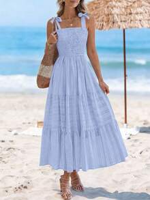 Women Summer Sleeveless Tie Shoulder Strap Smocked High Waist A-Line Long Maxi Dress Boho Beach Holiday Vacation Valentine Sundress With Pockets - 淺藍色 - 查看 6