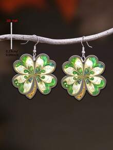 1 par de pendientes de acrílico con colgante plano en forma de trébol de cuatro hojas, joyería de estilo minimalista elegante para mujeres, adecuado para uso diario y festivo - Verde - Ver 3