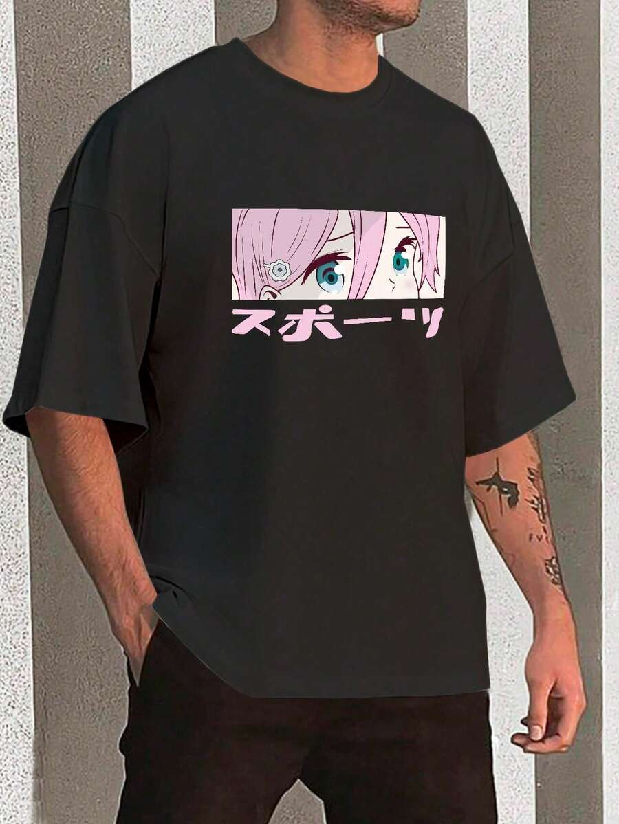 Y2K Anime Eye Print Oversized T-Shirt, Loose Fit, Premium Soft Fabric, Summer/Spring - Hitam - View 1