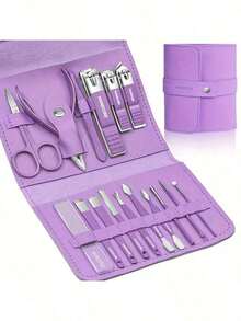 16-Piece Professional Manicure Set |   Stainless Steel Nail Care Kit With Travel Case |   Complete At-Home & On-The-Go Grooming Kit - Màu tím hoa cà - Xem 6