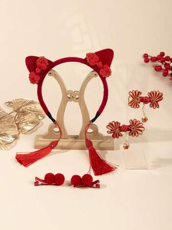 Conjunto de diadema y pinza para el cabello de estilo chino, diadema con orejas de gato rojas para niños, diadema con borlas y pompones para princesa, accesorios para el cabello para niñas