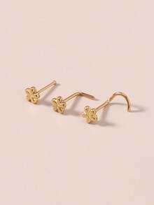 3Pcs Set Flower Nose Ring Set, Hypoallergenic Stainless Steel 18K Gold Plated - 20G, Washable, No Need To Remove, No Need To Care For Ear Piercings, S-Shaped, L-Shaped, And Straight Nose Rings, Piercing Jewelry Set - Multiple Styles - View 6