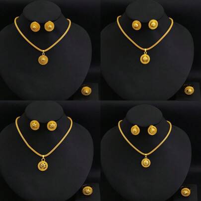 Bộ trang sức hạt cườm cổ điển Eritrea, mặt dây chuyền màu vàng, vòng cổ, bông tai và nhẫn, thích hợp cho phụ nữ đeo hàng ngày, quà cưới kiểu châu Phi Dubai.