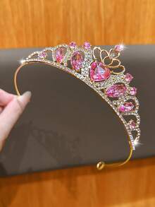 1pc Pink Heart Crown, Fashionable & Sweet Style Hair Accessory Suitable For Birthday And Performance - Multicolor - View 4