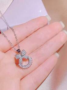 1 套/4 件优雅甜美蝴蝶结满钻耳环、项链、戒指套装情人节 - 銀色 - 查看 4