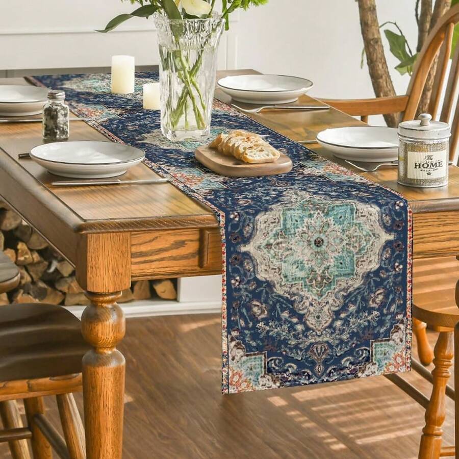 1PC Bohemian-Style Blue Table Runner, Rustic Country Farmhouse Magical Winter Kitchen Dining Table Decoration, Home Party Decor