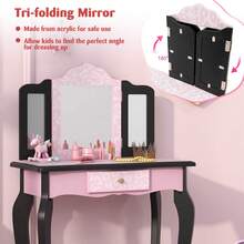 Lifezeal Kids Vanity Table & Stool Set With Cute Polka Dot Print Tri-Folding Mirror Drawer Pink&White/Light Pink&White/Pink&Black/Blue/Pink - Hồng và Đen - Xem 6