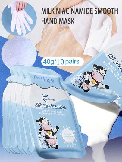 10 piezas/Paquete Máscara de manos con niacinamida de leche 40g/Par, Sedosa, hidratante y nutritiva para piel seca, áspera y agrietada, apta para hombres y mujeres, regalo perfecto para las vacaciones