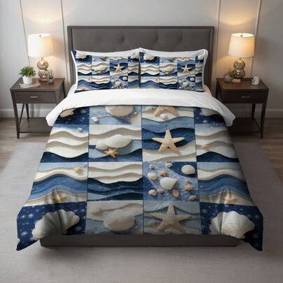 3 PIEZAS Juego de Funda Nórdica con Estampado de Temas Oceánicos (1 Funda Nórdica + 2 Fundas de Almohada, Sin Edredón Incluido), con Estampados de Estrellas de Mar, Olas y Conchas. Decoración del Hogar Unisex Adecuada para Dormitorios, Habitaciones de Invitados, Salas de Juegos y Dormitorios. Decoración Interior Apta para Todas las Estaciones, Lavable a Máquina