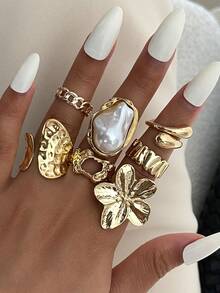 7pcs/Set Bohemian Geometric Faux Pearl Asymmetrical Hollow Ruffle Flower Fashion Open Ring Set, Luxurious Everyday Versatile Jewelry Gift For Women - Ring - View 14