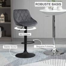 Set Of 2 Height-Adjustable Bar Stools With Backrest, Velvet-Look Finish, Metal Frame, Footrest, Swivel, Dark Grey - Dark Grey - View 4