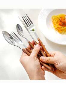 5/20/30件套不锈钢餐具套装，塑料手柄木纹设计，包含刀、叉、勺、甜点勺，适用于餐厅、酒店、婚礼、礼品 - 銀色 - 查看 6