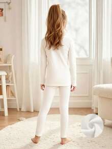 Young Girls Thermal Underwear Set, Thermal Lined Top And Pants, Winter - White - View 2
